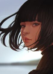 Rule 34 | 1girl, black hair, blurry, blurry background, brown eyes, lips, looking at viewer, magion02, original, parted lips, portrait, profile, short hair, solo, wind