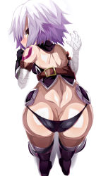 Rule 34 | 1girl, ass, bandages, bare shoulders, belt, bent over, black panties, black thighhighs, blush, breasts, butt crack, fate/apocrypha, fate (series), from above, from behind, gloves, jack the ripper (fate/apocrypha), leaning forward, looking at viewer, looking back, open mouth, panties, revealing clothes, scar, shimejinameko, shiny clothes, shiny skin, short hair, silver hair, simple background, skindentation, small breasts, solo, tattoo, thighhighs, underwear, white background