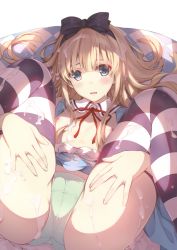 Rule 34 | 1girl, absurdres, alice (alice in wonderland), blonde hair, blue eyes, blush, bow, breasts, breasts out, comic aun, cover, cum, cum on body, cum on breasts, cum on hair, cum on lower body, cum on upper body, dress, facial, flat chest, folded, green panties, hair bow, hair ribbon, hand on thighs, highres, long hair, looking at viewer, lying, misaki kurehito, nipples, on back, open mouth, panties, ribbon, solo, striped clothes, striped thighhighs, thighhighs, underwear