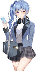 Rule 34 | 1girl, ;), bag, blue eyes, blue hair, blue jacket, blue ribbon, collared shirt, earrings, grey skirt, grey vest, hair between eyes, hair ribbon, headphones, headphones around neck, highres, hololive, hoshimachi suisei, hoshimachi suisei (1st costume), jacket, jewelry, long hair, long sleeves, looking at viewer, miniskirt, one eye closed, open clothes, open jacket, plaid, plaid skirt, pleated skirt, rei (rei 9146), ribbed sweater, ribbon, school bag, school uniform, shirt, side ponytail, sidelocks, simple background, skirt, smile, solo, star (symbol), star earrings, star in eye, sweater, symbol in eye, vest, virtual youtuber, white background, white shirt