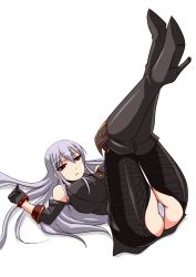 Rule 34 | 00s, 1girl, ass, boots, breasts, covered erect nipples, female focus, full body, gloves, high heels, large breasts, legs up, long hair, lying, military, military uniform, panties, pantyhose, pantyshot, red eyes, selvaria bles, senjou no valkyria, senjou no valkyria (series), senjou no valkyria 1, shoes, silver hair, simple background, solo, tokihama jirou, underwear, uniform, white background, white panties
