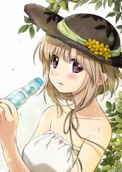 Rule 34 | 1girl, amaetai hi wa soba ni ite, bare shoulders, black hat, blush, bottle, breasts, character request, commentary request, dress, flower, hat, hat flower, highres, holding, holding bottle, kawai makoto, large breasts, looking at viewer, parted lips, solo, sun hat, tree, upper body, water bottle, white dress, yellow flower