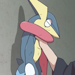 Rule 34 | 1boy, 1other, against wall, asphyxiation, blue skin, boke-chan, choking, closed eyes, colored skin, creatures (company), defeat, from side, game freak, gen 6 pokemon, grabbing, gradient background, greninja, grey background, hand up, held up, injury, long sleeves, long tongue, meme, multicolored skin, naruto (series), nintendo, open mouth, pokemon, pokemon (creature), profile, sasuke choke (meme), scratches, simple background, strangling, tongue, tongue out, two-tone skin, uchiha itachi, wide sleeves, yellow skin