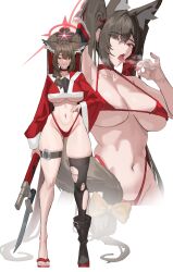 1girl absurdres alternate_costume animal_ears arisaka asymmetrical_legwear bikini black_hair black_thighhighs blue_archive bolt_action breasts capelet christmas commentary_request fellatio_gesture fox_ears fox_girl gun highres korean_commentary large_breasts looking_at_viewer mismatched_legwear navel odol_(drk100) red_bikini red_capelet rifle simple_background single_thighhigh standing swimsuit thighhighs torn_clothes torn_thighhighs underboob wakamo_(blue_archive) weapon white_background