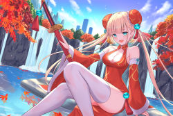 Rule 34 | 1girl, :d, autumn, autumn leaves, bare shoulders, blonde hair, blue eyes, breasts, bun cover, china dress, chinese clothes, cleavage, cleavage cutout, clothing cutout, cocoablue23, day, detached sleeves, double bun, dress, hair bun, highres, huion, katana, leaf, long hair, long sleeves, looking at viewer, maple leaf, medium breasts, nature, open mouth, original, outdoors, red dress, sheath, sheathed, side slit, sitting, smile, solo, sword, tassel, thighhighs, thighs, twintails, very long hair, water, waterfall, weapon, white thighhighs