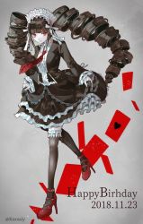 Rule 34 | 1girl, @ (symbol), black dress, black hair, black thighhighs, bonnet, card, celestia ludenberg, commentary request, danganronpa: trigger happy havoc, danganronpa (series), dated, dress, drill hair, frills, gothic lolita, hair ornament, happy birthday, headdress, heart, high heels, highres, holding, holding clothes, holding dress, lolita fashion, long hair, necktie, pumps, red eyes, red footwear, red necktie, sakuyu, smile, solo, thighhighs, twin drills, twintails, twitter username