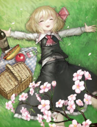 Rule 34 | 1girl, apple, ascot, basket, blonde hair, bottle, cherry blossoms, dango, closed eyes, food, from above, fruit, grass, hair ribbon, hanami, highres, hot dog, long sleeves, lying, on back, open mouth, outdoors, outstretched arms, petals, ribbon, rumia, sake bottle, sanshoku dango, shirt, skewer, skirt, skirt set, smile, solo, spark621, touhou, vest, wagashi