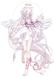 Rule 34 | 1girl, absurdly long hair, angel wings, bare shoulders, braid, cevio, clothing cutout, commentary, dress, closed eyes, feathered wings, full body, hair ribbon, halo, hand up, ia (vocaloid), leg ribbon, leg up, long hair, open mouth, platinum blonde hair, red ribbon, ribbon, shoulder cutout, side braids, solo, very long hair, vocaloid, white background, white dress, wings, yoshiki
