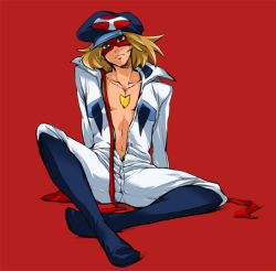 Rule 34 | 10rou, 1boy, bandana, blonde hair, boots, full body, gloves, jewelry, jumpsuit, looking at viewer, male focus, necklace, open clothes, red background, short hair, simple background, sitting, solo, spread legs, takada gan, time bokan (series), yatterman