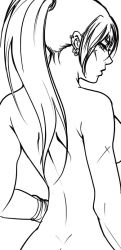 Rule 34 | 00s, 1girl, back, bandages, brawler (dungeon and fighter), breasts, dungeon and fighter, earrings, female focus, fighter (dungeon and fighter), jewelry, lineart, long hair, monochrome, nude, ponytail, scar, simple background, solo, white background