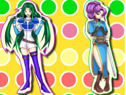 Rule 34 | 2girls, alternate hairstyle, armor, blue eyes, cosplay, costume switch, fire emblem, fire emblem: the blazing blade, florina (fire emblem), florina (fire emblem) (cosplay), green hair, high ponytail, long hair, lyn (fire emblem), lyn (fire emblem) (cosplay), multiple girls, nintendo, ponytail, very long hair, zutsuki (a1a)