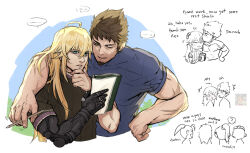 Rule 34 | 2boys, arm around shoulder, bara, beard, blonde hair, brown hair, character request, chibi, chibi inset, couple, cropped torso, english text, facial hair, hand on own chin, head kiss, highres, large hands, long hair, male focus, mature male, minghii, multiple boys, muscular, muscular male, official alternate costume, prosthesis, prosthetic arm, rex (xenoblade), short hair, shulk (xenoblade), stroking own chin, thick eyebrows, thinking, xenoblade chronicles (series), xenoblade chronicles 3, xenoblade chronicles 3: future redeemed, yaoi