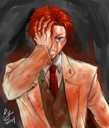 Rule 34 | 00s, 1boy, baccano!, blood, blood splatter, blood stain, brown hair, claire stanfield, formal, male focus, necktie, riyan, solo, suit