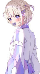 Rule 34 | 1girl, absurdres, blonde hair, blush, hair ornament, hairclip, highres, hololive, hololive dev is, jacket, long sleeves, looking at viewer, multicolored clothes, multicolored hair, multicolored jacket, pacifier, purple eyes, purple hair, purple jacket, simple background, streaked hair, sweat, t4n4k4 no yosei, todoroki hajime, two-tone jacket, two side up, upper body, virtual youtuber, white background, white jacket