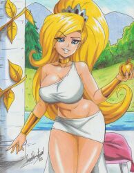 Rule 34 | 1girl, 2022, absurdres, apple, bare shoulders, belly, blonde hair, blue eyes, breasts, cartoon network, cleavage, collarbone, eris (billy &amp; mandy), eyeshadow, food, forest, fruit, golden apple, golden leaf, high ponytail, highres, jewelry, large breasts, long hair, looking at viewer, makeup, nature, navel, ravernclouk design, smile, solo, the grim adventures of billy &amp; mandy, thighs, tiara, traditional media, wide hips