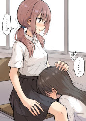Rule 34 | !?, 2girls, absurdres, betock, between legs, black skirt, brown hair, chair, commentary request, eyelashes, head between thighs, highres, indoors, light brown hair, looking down, multiple girls, open mouth, original, school uniform, scrunchie, sitting, skirt, speech bubble, translated, twintails, white skirt, window, yuri