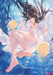 Rule 34 | 1girl, air bubble, armpits, atdan, azur lane, barefoot, bird, blouse, breath, brown hair, bubble, chick, dress, feet, freediving, greek toe, hiei (azur lane), highres, holding breath, long hair, looking down, official art, one-piece swimsuit, open clothes, open shirt, shirt, soles, solo, swimming, swimsuit, toes, underwater, wardrobe malfunction, white one-piece swimsuit, white shirt, yellow eyes