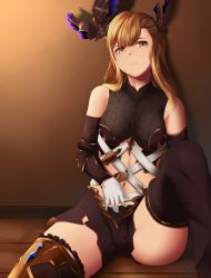 Rule 34 | 10s, 1girl, against wall, bare shoulders, black thighhighs, breasts, brown eyes, brown hair, closed mouth, commentary, gloves, granblue fantasy, head tilt, highres, long hair, looking away, medium breasts, mengo, navel, on floor, sitting, smile, solo, thighhighs, tweyen (granblue fantasy), white gloves