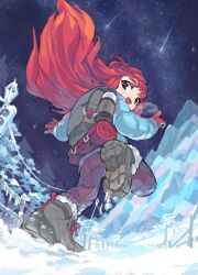 Rule 34 | 1girl, absurdres, backpack, bag, blue coat, breath, brown footwear, brown pants, celeste (video game), coat, down jacket, eyelashes, from below, full body, gloves, highres, jacket, long hair, looking back, madeline (celeste), mixed-language commentary, no nose, pants, red gloves, running, shooting star, sky, sleeping bag, snow, solo, star (sky), starry sky, tree, tyson tan