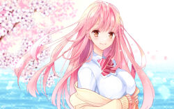 Rule 34 | 1girl, blush, bow, breasts, brown eyes, cardigan, cherry blossoms, commentary request, large breasts, long hair, looking at viewer, medium bangs, off shoulder, original, pink hair, school uniform, shirt, smile, solo, striped bow, tinkle2013, upper body, white shirt, yellow cardigan
