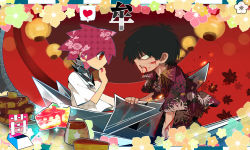 Rule 34 | 1boy, 1girl, angry, bad id, bad pixiv id, black hair, blood, cake, cuts, finger to mouth, food, hand on mouth, heart, highres, impaled, injury, mononoke (empty), original, pancake, red eyes, red hair, spoken heart