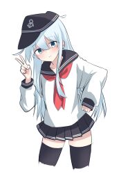 Rule 34 | 1girl, anchor symbol, black sailor collar, black skirt, black thighhighs, blue eyes, blue hair, commentary request, cropped legs, flat cap, hat, hibiki (kancolle), highres, kantai collection, leaning forward, light blue hair, long hair, long sleeves, looking at viewer, neckerchief, nyanzai-sensei, pleated skirt, red neckerchief, sailor collar, school uniform, serafuku, simple background, skirt, smile, solo, thighhighs, v, white background