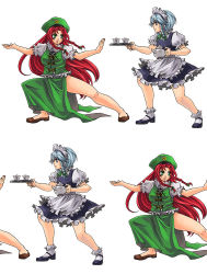 Rule 34 | 2girls, blue eyes, braid, china dress, chinese clothes, cup, dress, female focus, green eyes, hat, hong meiling, immaterial and missing power, izayoi sakuya, long hair, maid, mary janes, miero, multiple girls, multiple views, red hair, shoes, short hair, silver hair, simple background, skirt, tea, teacup, teapot, tileable, touhou, tray, twin braids, white background
