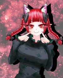 Rule 34 | 1girl, animal ears, blush, bow, braid, breasts, cat ears, closed mouth, dress, drop shadow, extra ears, eyelashes, finger to cheek, floral background, hair bow, hands up, highres, kaenbyou rin, large breasts, long sleeves, pointy ears, red eyes, red hair, smile, solo, sugar you, touhou, twin braids