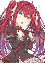 Rule 34 | 1girl, ahoge, black capelet, black dress, blush, capelet, crescent, crescent hair ornament, demon girl, demon horns, demon wings, dress, fang, frilled capelet, frills, green eyes, hair between eyes, hair ornament, heterochromia, highres, horns, long hair, long sleeves, neck ribbon, nijisanji, open mouth, otou mamayo, red background, red eyes, red hair, red ribbon, ribbon, solo, two side up, upper body, virtual youtuber, wings, yuzuki roa