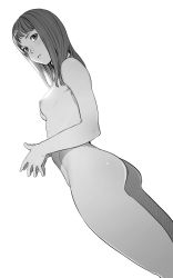Rule 34 | 1girl, ass, breasts, closed mouth, completely nude, greyscale, highres, long hair, looking at viewer, monochrome, nipples, nude, original, own hands together, ribs, simple background, solo, turiganesou800, white background