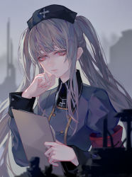Rule 34 | 1girl, armband, black hat, blurry, blurry background, blurry foreground, clipboard, closed mouth, cross, cross necklace, eyelashes, fingernails, grey eyes, grey hair, half-closed eyes, hat, highres, holding, holding clipboard, indie virtual youtuber, jewelry, kisame (klelloch), long eyelashes, long hair, minai karte, multicolored eyes, necklace, paper, pink lips, red armband, red eyes, silhouette, solo, twintails, virtual youtuber