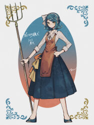 Rule 34 | 1girl, apron, blue footwear, blue hair, blue skirt, bow, breasts, choker, closed mouth, collared shirt, full body, hairband, hand on own hip, highres, holding, long sleeves, looking at viewer, maco22, medium hair, original, polearm, ribbon, shirt, shoes, short hair, signature, skirt, small breasts, smile, solo, standing, translation request, weapon, white hairband, white shirt, yellow eyes