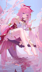 Rule 34 | 1girl, :d, absurdres, ai dongdong, barefoot, blue sky, cherry blossoms, chinese clothes, cloud, cloudy sky, elf, elysia (herrscher of human: ego) (honkai impact), elysia (honkai impact), feet, full body, grin, hair ornament, highres, honkai (series), honkai impact 3rd, legs, long hair, nail polish, open mouth, outdoors, petals, petals on liquid, pink eyes, pink hair, pointy ears, sitting, sitting on branch, sky, smile, solo, spread toes, spring (season), teeth, toenail polish, toenails, toes, very long hair, wet, wet hair, white sleeves