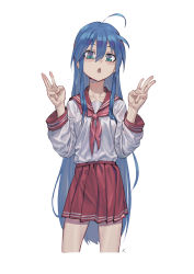 Rule 34 | 1girl, :o, absurdres, ahoge, blue hair, collarbone, commentary, cropped legs, double w, fingernails, green eyes, hair between eyes, highres, izumi konata, long hair, long sleeves, looking at viewer, lucky star, max-k, mole, mole under eye, neckerchief, open mouth, pink neckerchief, pleated skirt, red sailor collar, red skirt, ryouou school uniform, sailor collar, school uniform, serafuku, shirt, shirt tucked in, simple background, skirt, solo, standing, symbol-only commentary, very long hair, w, white background, white shirt