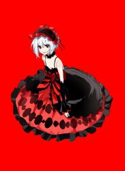 Rule 34 | 1girl, accelerator (toaru majutsu no index), albino, androgynous, bow, breasts, cleavage, cosplay, detached collar, detached sleeves, dress, dress bow, full body, gothic lolita, highres, lace trim, light smile, lolita fashion, looking at viewer, pale skin, pixie cut, red background, red dress, red eyes, red headwear, short hair, sidelocks, sitting, small breasts, solo, suzushina yuriko, toaru majutsu no index, white hair, yylol
