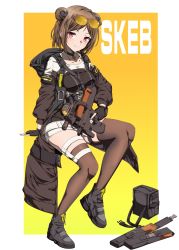 Rule 34 | 1girl, blush, breasts, bullpup, choker, commentary request, commission, double bun, eyewear on head, girls&#039; frontline, gloves, gun, hair bun, highres, kukurus, light brown hair, medium breasts, p90, p90 (girls&#039; frontline), personal defense weapon, red eyes, short hair, simple background, skeb commission, smile, solo, submachine gun, sunglasses, thighhighs, weapon