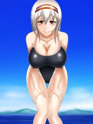 Rule 34 | 10s, 1girl, :&gt;, alternate costume, bad id, bad pixiv id, bare arms, bare shoulders, blue sky, blush, breasts, brown eyes, cleavage, closed mouth, collarbone, competition swimsuit, covered erect nipples, cowboy shot, day, hair between eyes, hairband, kantai collection, large breasts, long hair, looking at viewer, ocean, one-piece swimsuit, outdoors, rebaria, shoukaku (kancolle), silver hair, sky, smile, solo, swimsuit, tareme, thigh gap