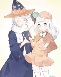 Rule 34 | 1boy, 1girl, bad id, bad twitter id, blue eyes, blush, bow, brown dress, capelet, cookie run, cream puff cookie, dress, hair over one eye, hat, long hair, magic, marin (myuy 3), parted lips, scarf, smile, staff, thighhighs, white bow, white hair, white thighhighs, witch hat, wizard, wizard cookie