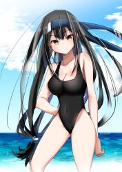 Rule 34 | 1girl, alternate breast size, beach, black hair, black one-piece swimsuit, blue headband, blue sky, breasts, brown eyes, cleavage, cloud, cowboy shot, day, hand on own hip, hatsushimo (kancolle), hatsushimo kai ni (kancolle), headband, highleg, highleg swimsuit, highres, horizon, kantai collection, kimura shiki, long hair, looking at viewer, low-tied long hair, medium breasts, ocean, one-hour drawing challenge, one-piece swimsuit, outdoors, sky, solo, swimsuit