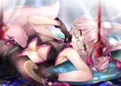 Rule 34 | 1girl, animal ears, black gloves, breasts, chinese clothes, cleavage, fate/grand order, fate (series), fox ears, fox tail, glasses, gloves, hand fan, hane yuki, highres, koyanskaya (chinese lostbelt outfit) (fate), koyanskaya (fate), large breasts, lying, no bra, on side, pink hair, solo, tail, tamamo (fate), underboob, yellow eyes