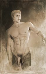 Rule 34 | 1boy, abs, absurdres, art of neight, bare shoulders, highres, male focus, monochrome, muscular, muscular male, open pants, pants, pectorals, penis, pubic hair, reiner braun, sepia, shingeki no kyojin, solo, topless male