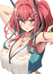 Rule 34 | 1girl, armpits, arms behind head, azur lane, bare shoulders, blush, breasts, bremerton (azur lane), bremerton (scorching-hot training) (azur lane), cleavage, collarbone, collared shirt, commentary request, crop top, crop top overhang, grey hair, hair between eyes, hair intakes, hair ornament, hairclip, hand in own hair, heart, heart necklace, highres, jewelry, large breasts, long hair, looking at viewer, midriff, mole, mole under eye, multicolored hair, necklace, parted lips, pink eyes, pink hair, sayoi, shirt, sidelocks, simple background, skirt, sleeveless, sleeveless shirt, solo, sportswear, standing, streaked hair, sweat, tennis uniform, twintails, two-tone hair, two-tone shirt, upper body, wet, wet clothes, wet shirt, white background, white shirt, white skirt, wristband, x hair ornament