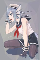 Rule 34 | 10s, 1girl, bare shoulders, black thighhighs, blouse, blue eyes, blue hair, boku no hero academia, character name, fins, gloves, hat, mizuki mau, on one knee, open mouth, partially fingerless gloves, sailor, sailor collar, sailor hat, shirt, short hair, sirius (boku no hero academia), sleeveless, sleeveless shirt, solo, thighhighs, wrist cuffs
