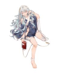 Rule 34 | 1girl, bandaged leg, bandages, bandaid, bandaid on knee, bandaid on leg, bare legs, barefoot, blood, blue dress, blue eyes, breasts, closed mouth, commentary, dress, english commentary, full body, girls&#039; frontline, grey hair, hand in own hair, highres, legs, lips, long hair, looking down, nail polish, ribeyrolles (girls&#039; frontline), shinyuxo, sitting, small breasts, solo, toenail polish, toenails, white background
