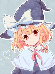 Rule 34 | 1girl, :o, batta (ijigen debris), blonde hair, blue background, blue dress, blush, bow, brown eyes, capelet, collared dress, commentary, dress, hair ribbon, hat, hat bow, head tilt, heart, kirisame marisa, long sleeves, looking at viewer, neck ribbon, parted lips, pink ribbon, ribbon, short hair, solo, touhou, tress ribbon, white capelet, witch hat