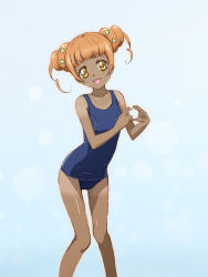 Rule 34 | 1girl, :d, child, dokidoki! precure, double bun, flat chest, ganguro, hair bun, head tilt, heart, heart hands, highres, kinfuji, leaning forward, long hair, looking at viewer, one-piece swimsuit, open mouth, orange hair, precure, school swimsuit, smile, solo, swimsuit, tan, tanline, twintails, yellow eyes, yotsuba alice