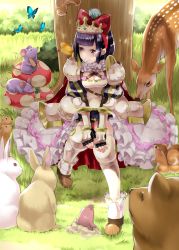 Rule 34 | 1girl, animal, animal on head, animal on shoulder, armor, bear, bird, bird on head, bird on shoulder, black hair, blunt bangs, blush, boots, bow, breasts, bug, butterfly, cherry, chipmunk, cleavage, closed mouth, clover (flower), day, deer, flower, food, fruit, full body, gem, grass, hair bow, hand on own knee, highres, holding, insect, md5 mismatch, medium breasts, mole, mouse (animal), mouth hold, mushroom, on head, original, outdoors, pink eyes, rabbit, red bow, red eyes, rin2008, seed, sitting, skirt, smile, squirrel, tiara, tree