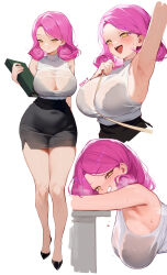 Rule 34 | 1girl, blush, bra visible through clothes, breasts, collared shirt, eden (shiroki yuutsu), formal, highres, large breasts, looking at viewer, medium hair, office lady, open mouth, original, pencil skirt, pink hair, see-through, see-through shirt, shirt, simple background, skirt, smile, solo, sweat, thighs, vanilla (eden (shiroki yuutsu)), wet, wet clothes, wet shirt, white background, white shirt, yellow eyes