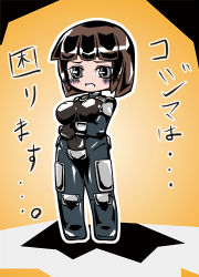 Rule 34 | 1girl, armored core, armored core: for answer, blush, breasts, brown hair, female focus, from software, full body, lowres, mecha musume, solo, standing