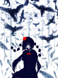 Rule 34 | 1girl, alternate costume, bird, crow, feathers, female focus, hat, head tilt, looking at viewer, monochrome, power lines, red eyes, shameimaru aya, smile, solo, spot color, tokin hat, touhou, upper body, uruo, wings